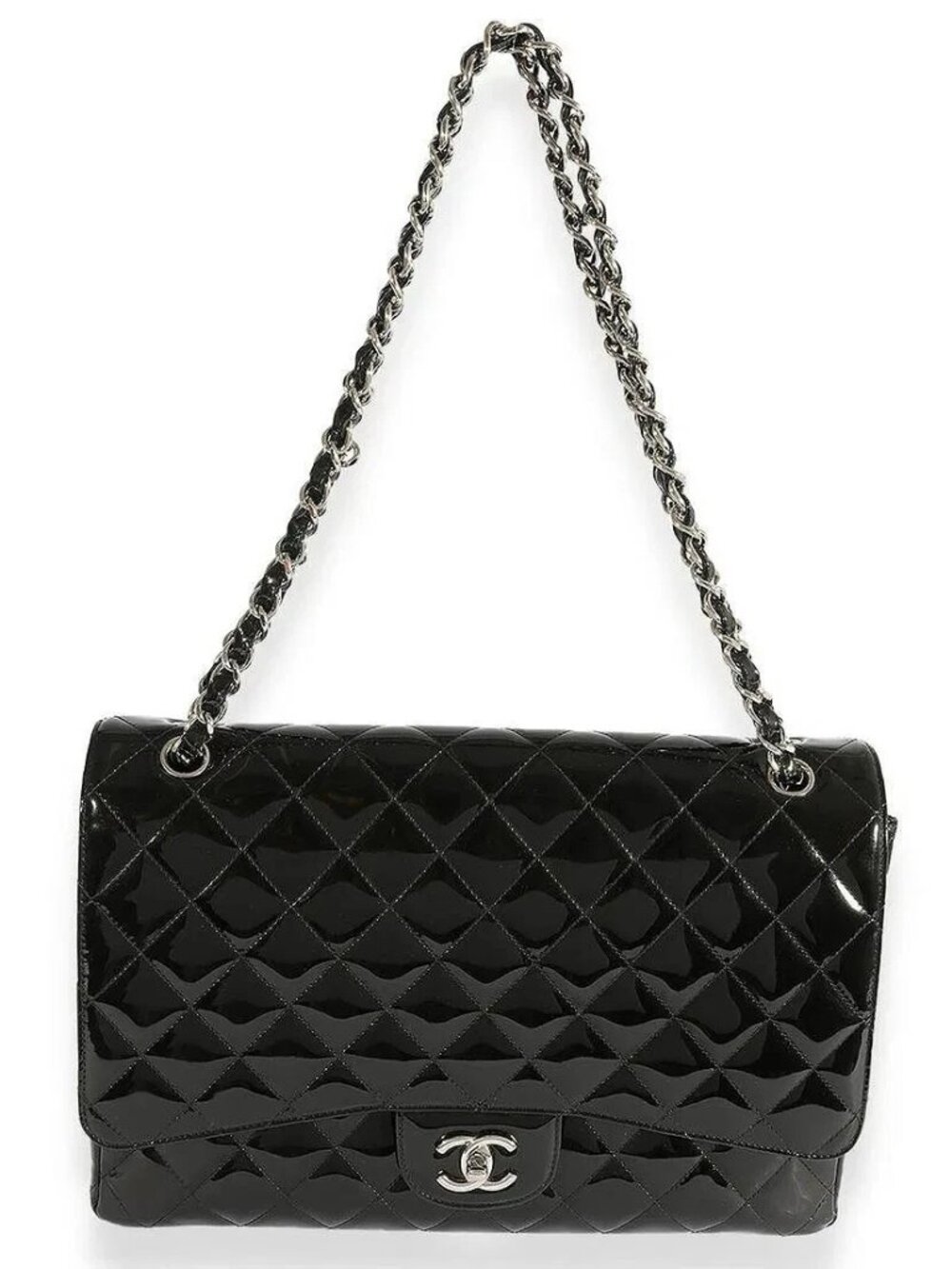 Chanel Black Quilted Patent Leather Maxi Classic Single Flap Bag SHW Excellent